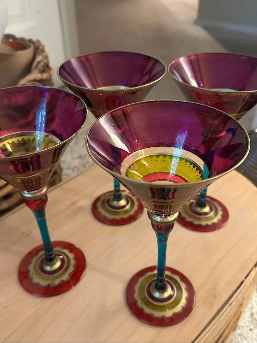 Pier 1 Festive Martini Glasses: Colorful Abstract Drinkware with Gold Accents